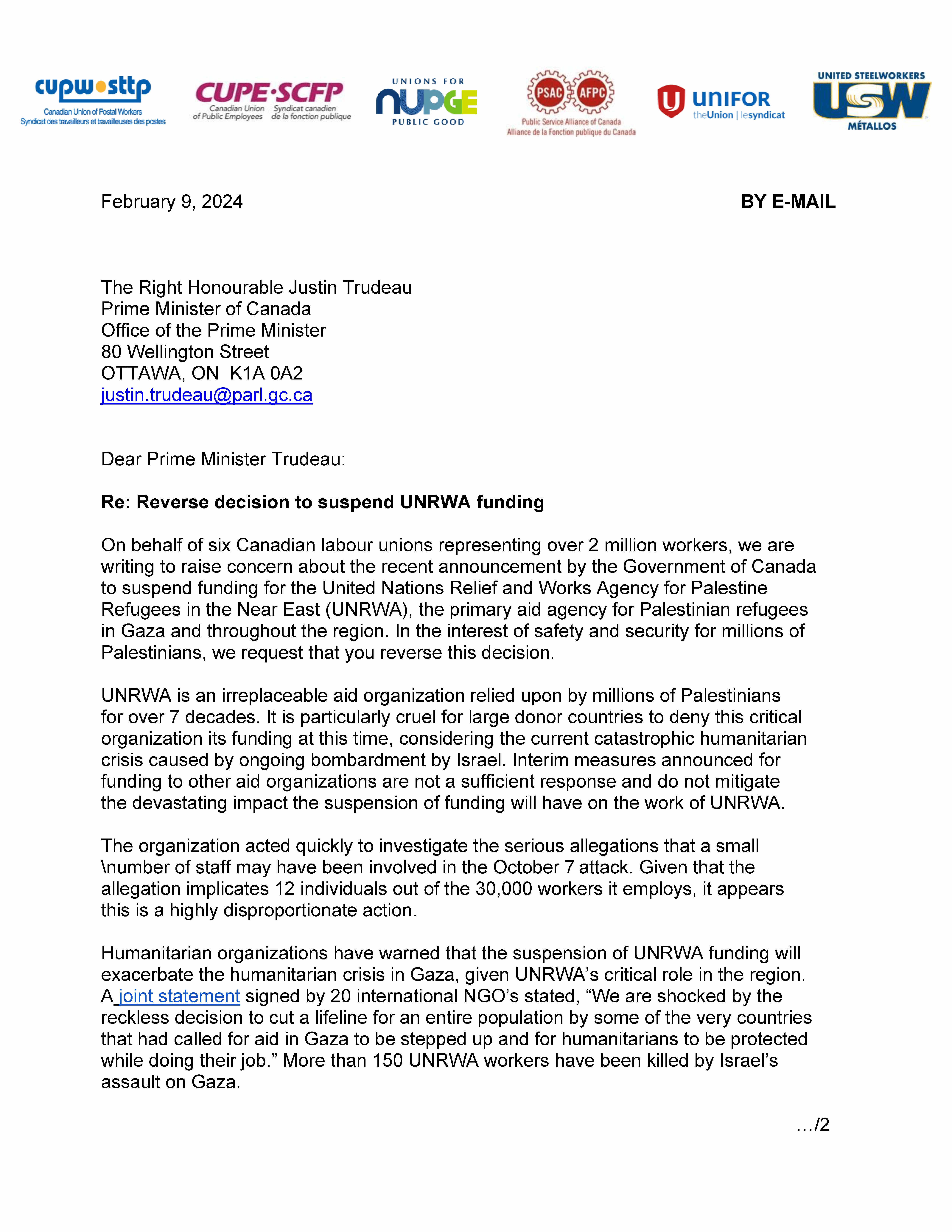 Letter to Prime Minister Trudeau: Reverse decision to suspend UNRWA funding