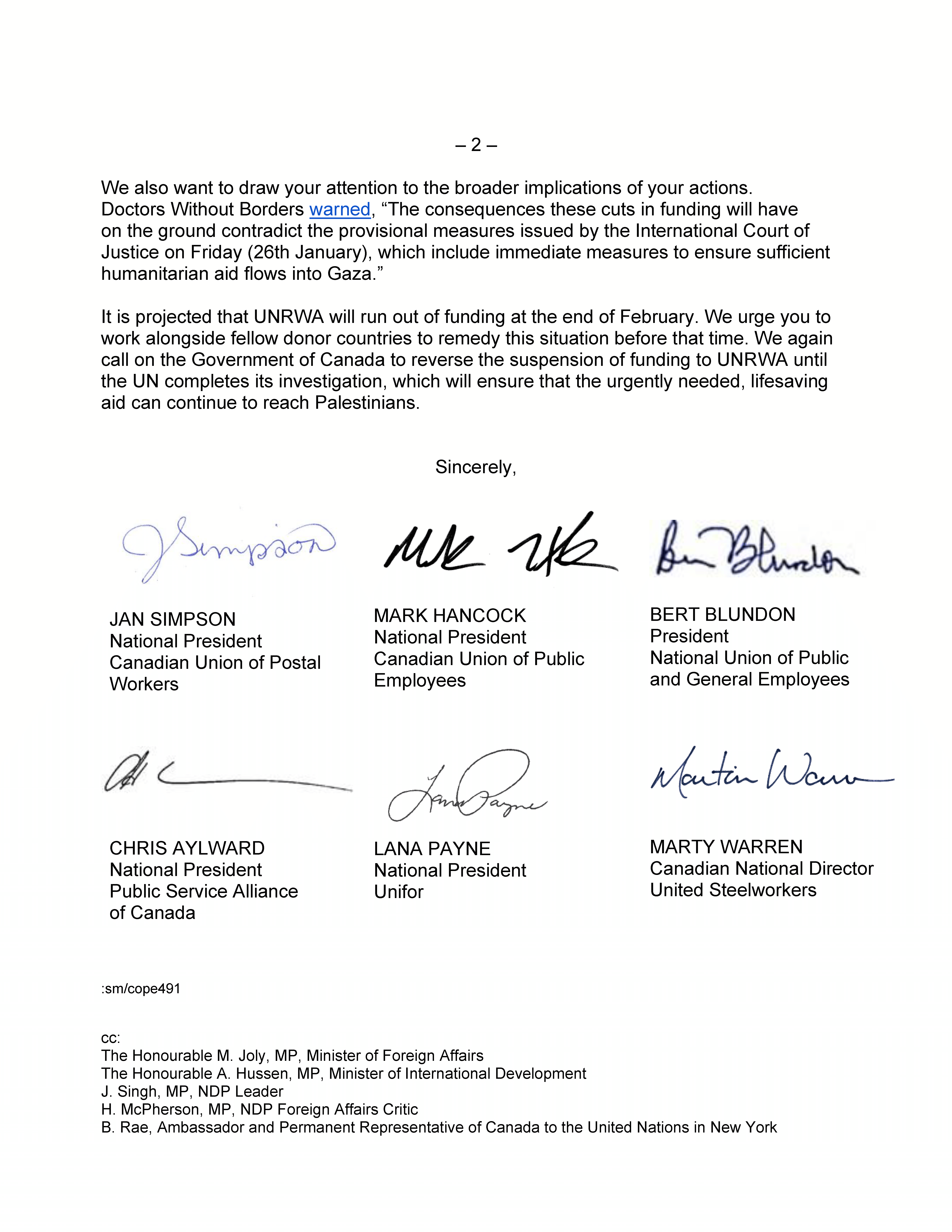 Letter to Prime Minister Trudeau: Reverse decision to suspend UNRWA funding p 2