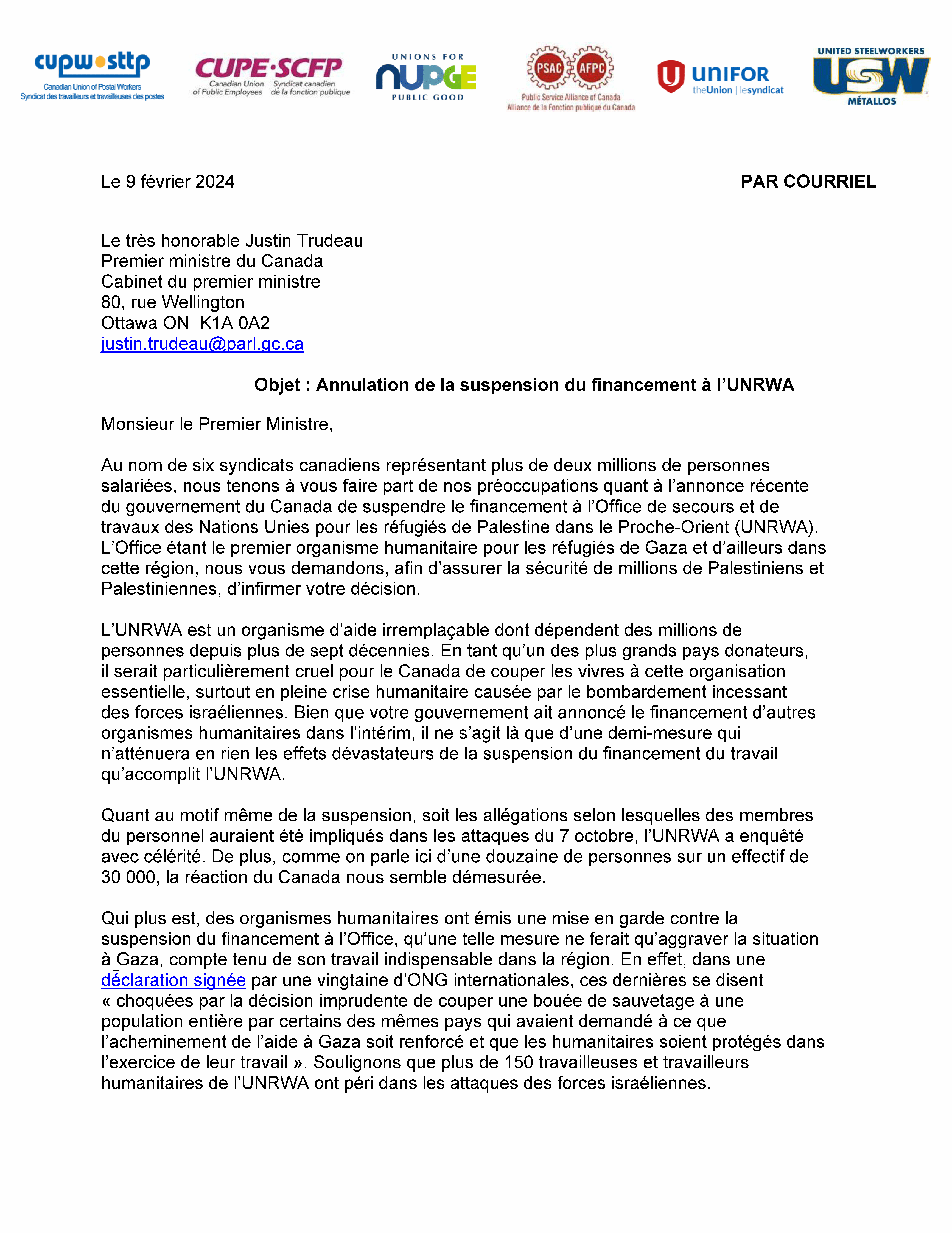 Lettre au premier ministre Trudeau :  Annulation de la suspension du financement à l’UNRWA 