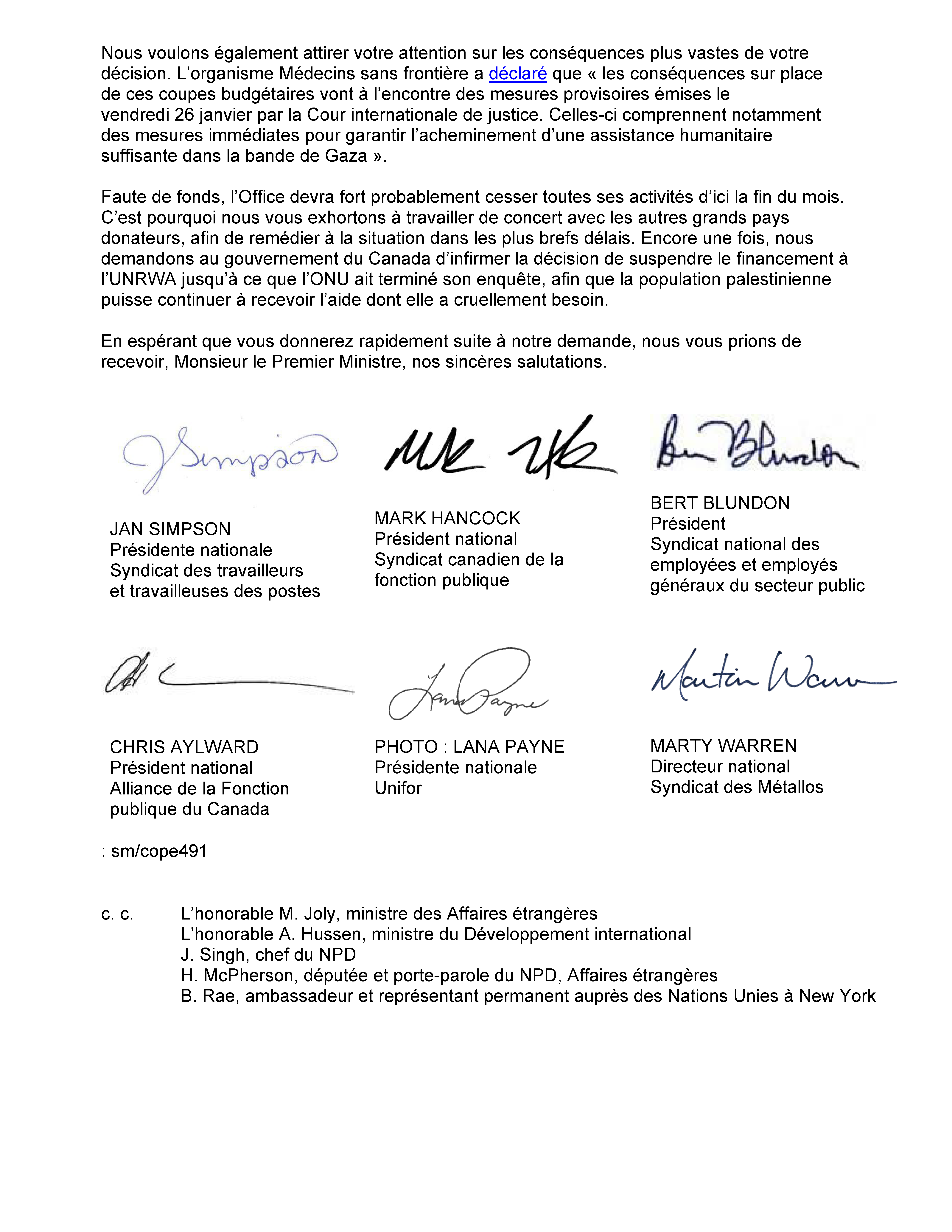 Lettre au premier ministre Trudeau :  Annulation de la suspension du financement à l’UNRWA - p 2