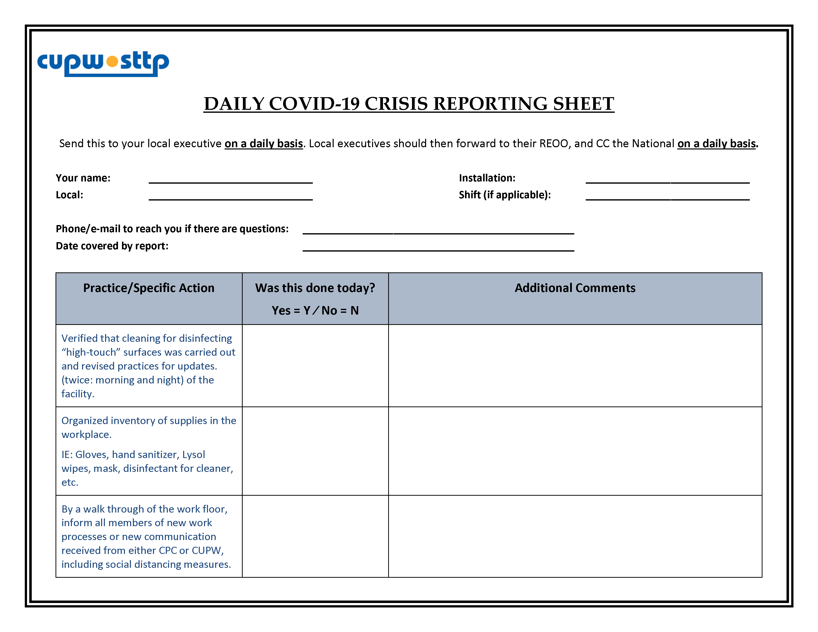 Image: Daily COVID-19 Crisis Reporting Sheet