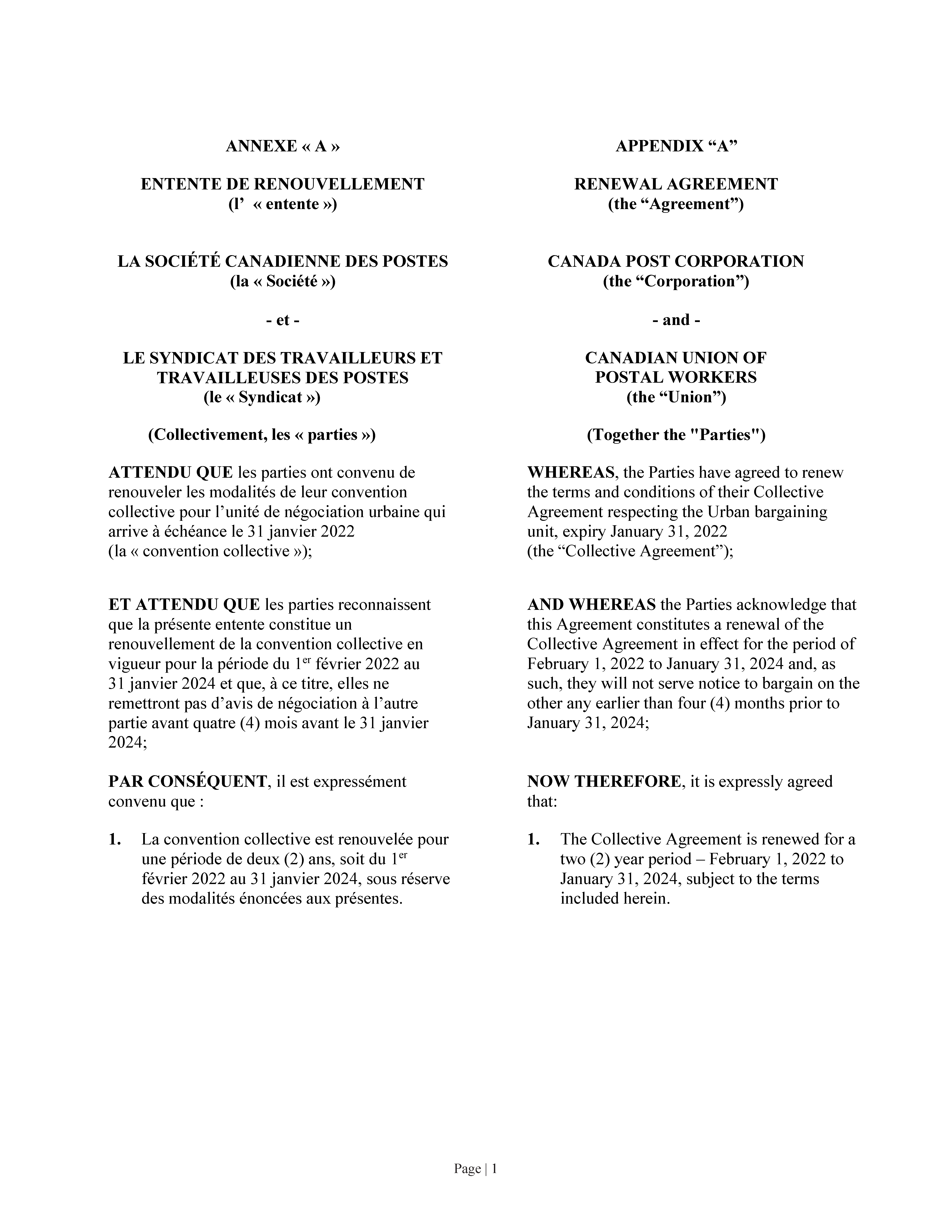 Memorandum of Agreement to Extend the Urban Postal Operations Collective Agreement (June __, 2021)