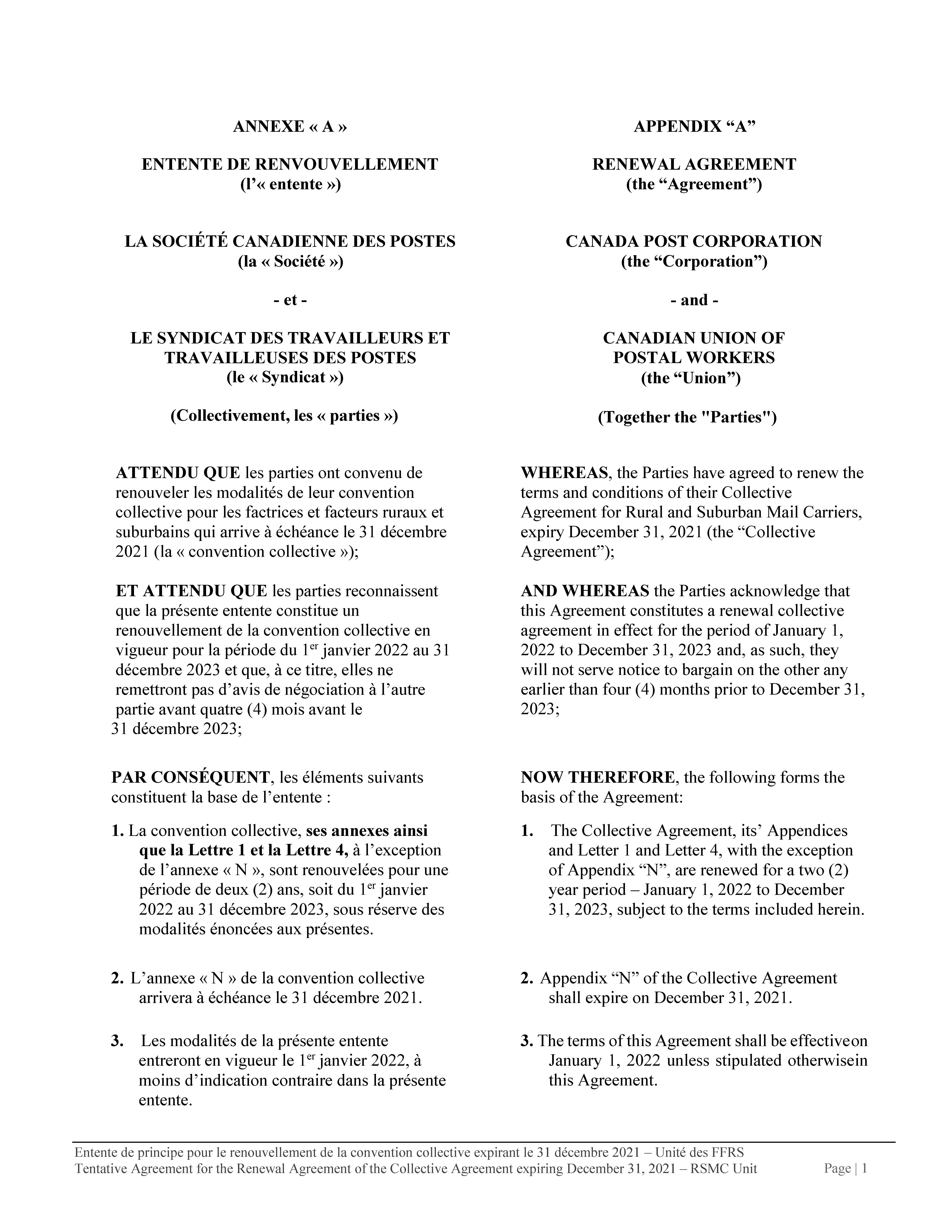 Protocole d’entente sur la prolongation de la convention collective de l’unité des factrices et facteurs ruraux et suburbains (Juin 2021)
