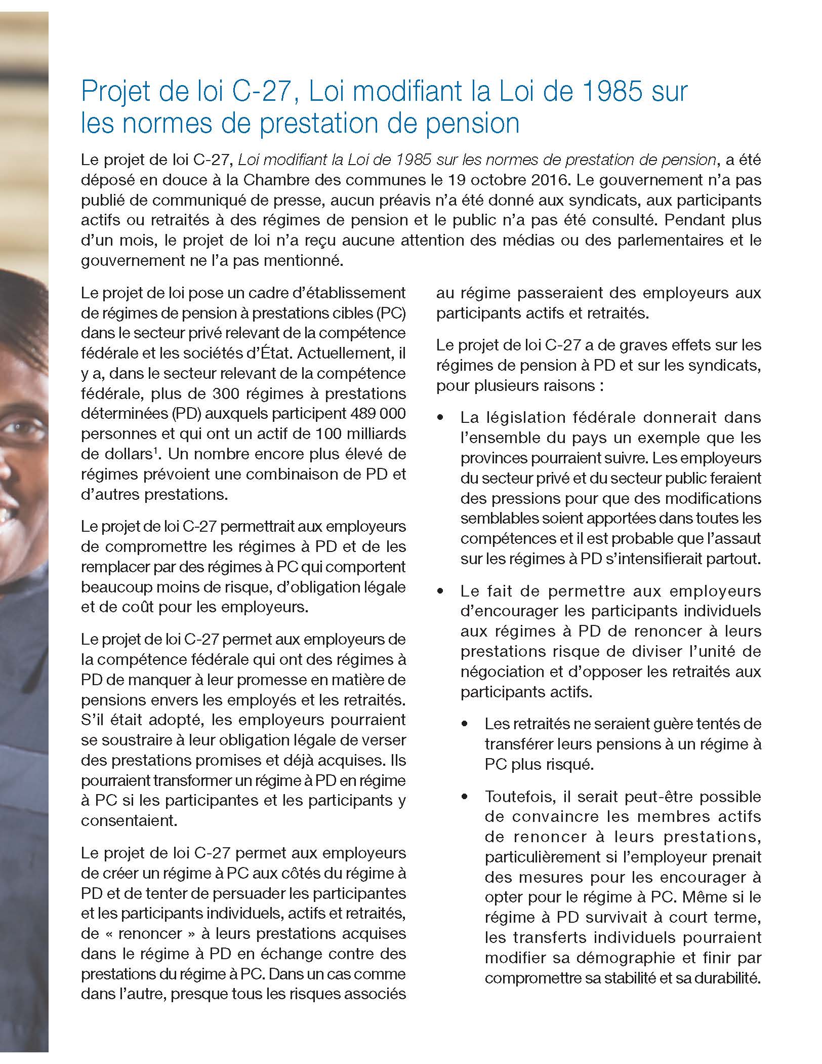 Projet de loi C-27 : Compromission des pensions canadiennes (Document d'information)