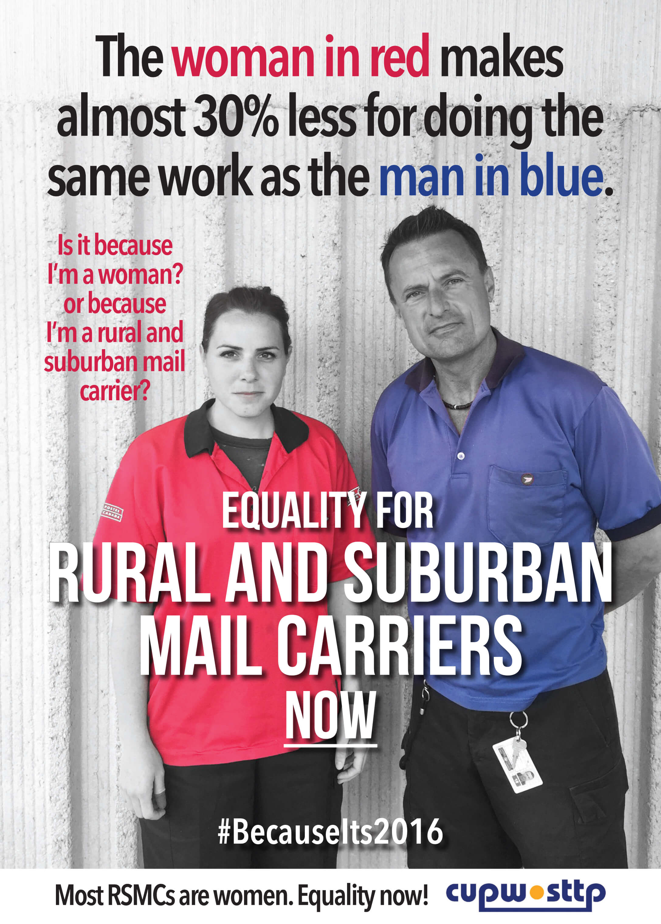 The woman in red makes almost 30% less for doing the same work as the man in blue   Is it because I’m a woman? Or because I’m a rural and suburban mail carrier?   Equality for Rural and Suburban Mail Carriers Now   #Becauseits2016   Most RSMCs are women. 