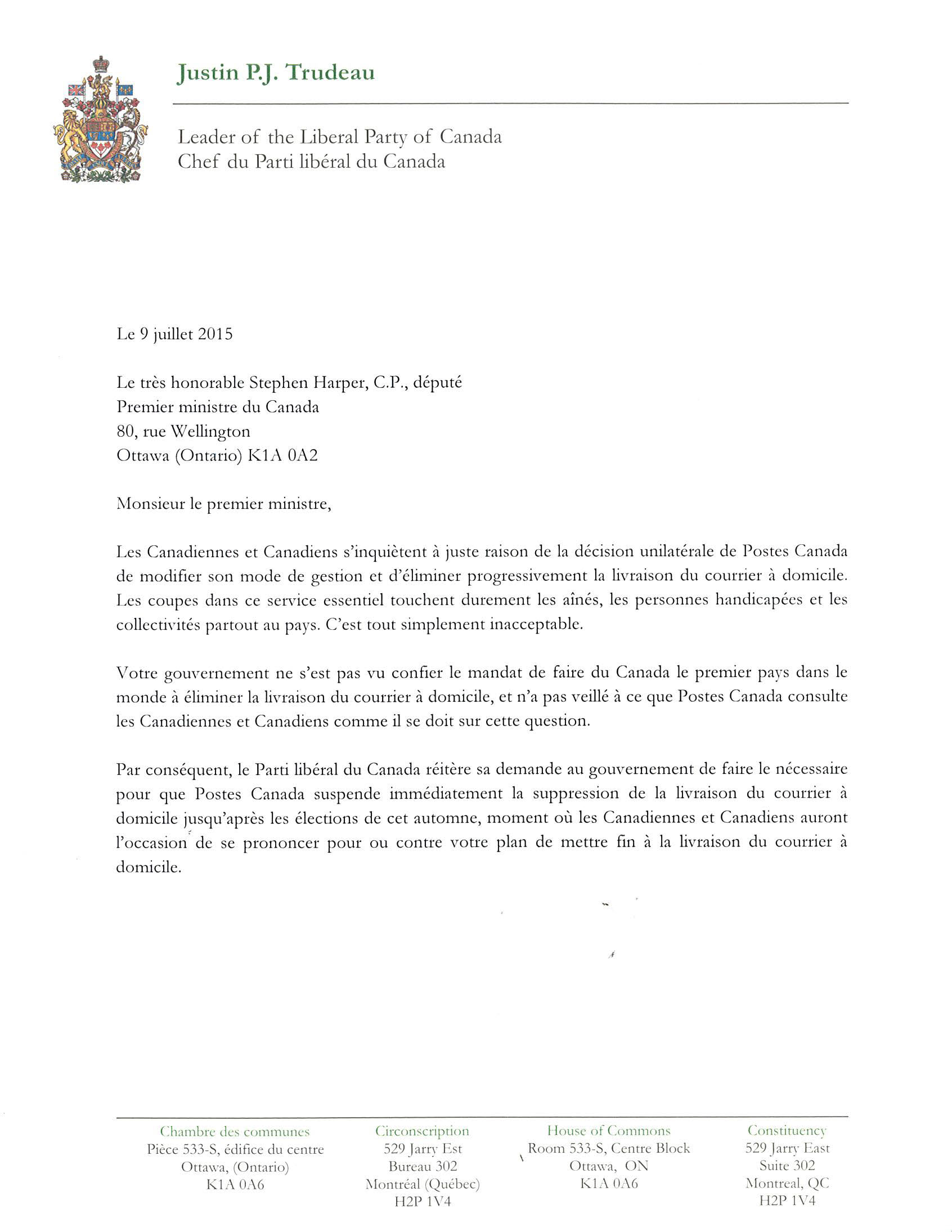 Lettre du Parti libéral au premier ministre
