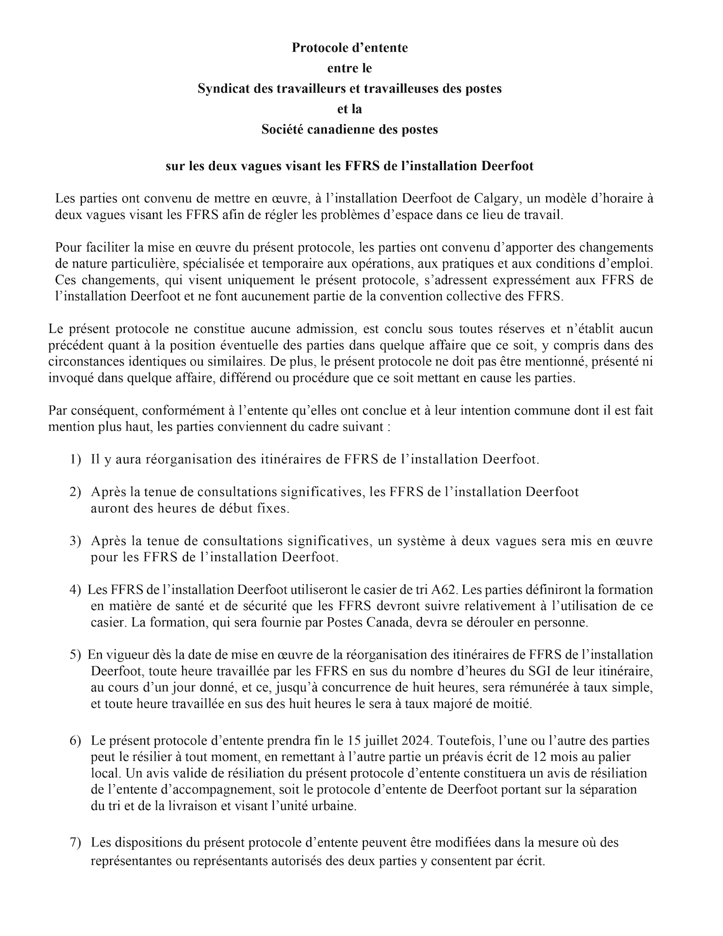 Protocole d’entente sur les deux vagues – Deerfoot – unité des FFRS - p. 1