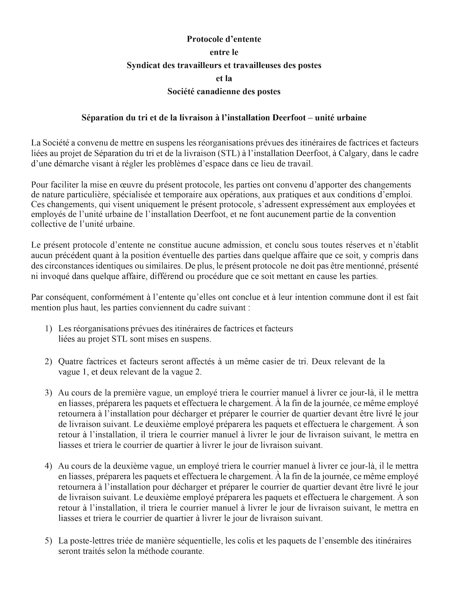 Protocole d’entente sur la séparation du tri et de la livraison – Deerfoot – unité urbaine - p. 1