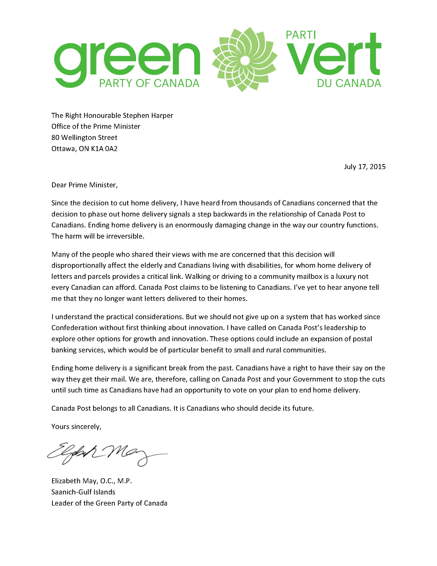 Green Party letter to Prime Minister Green Party letter to Prime Minister