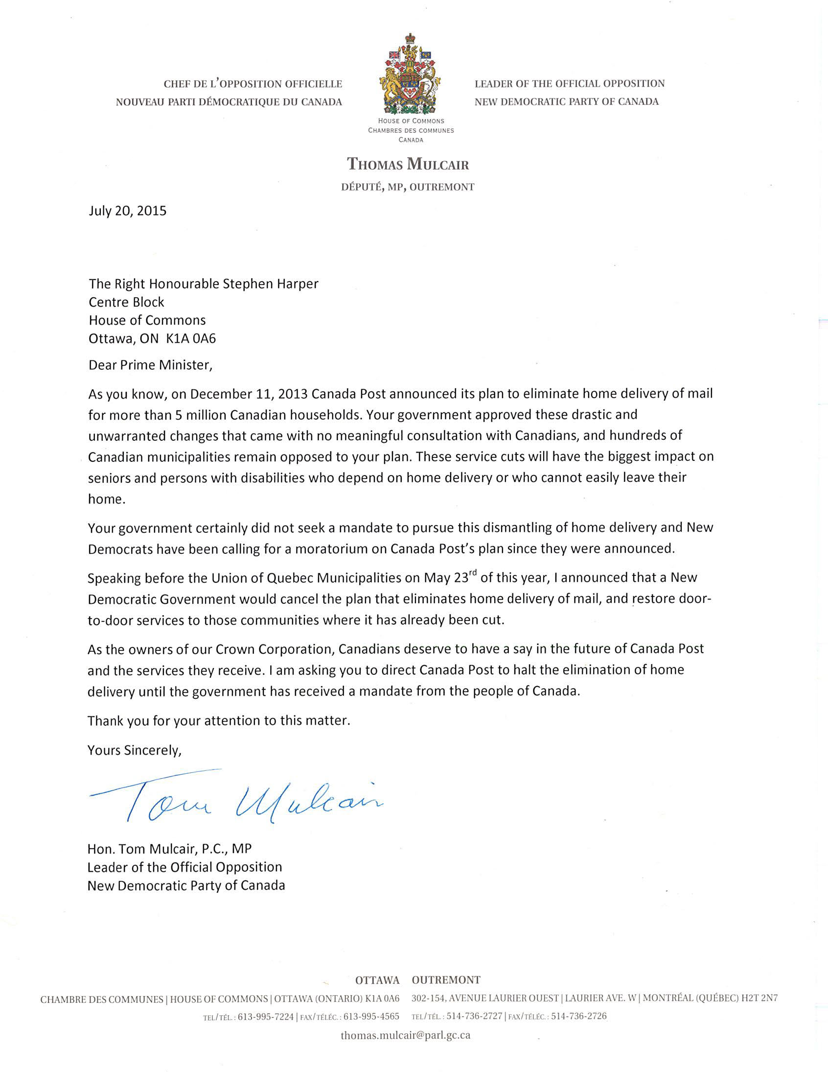 New Democratic Party letter to Prime Minister New Democratic Party letter to Prime Minister