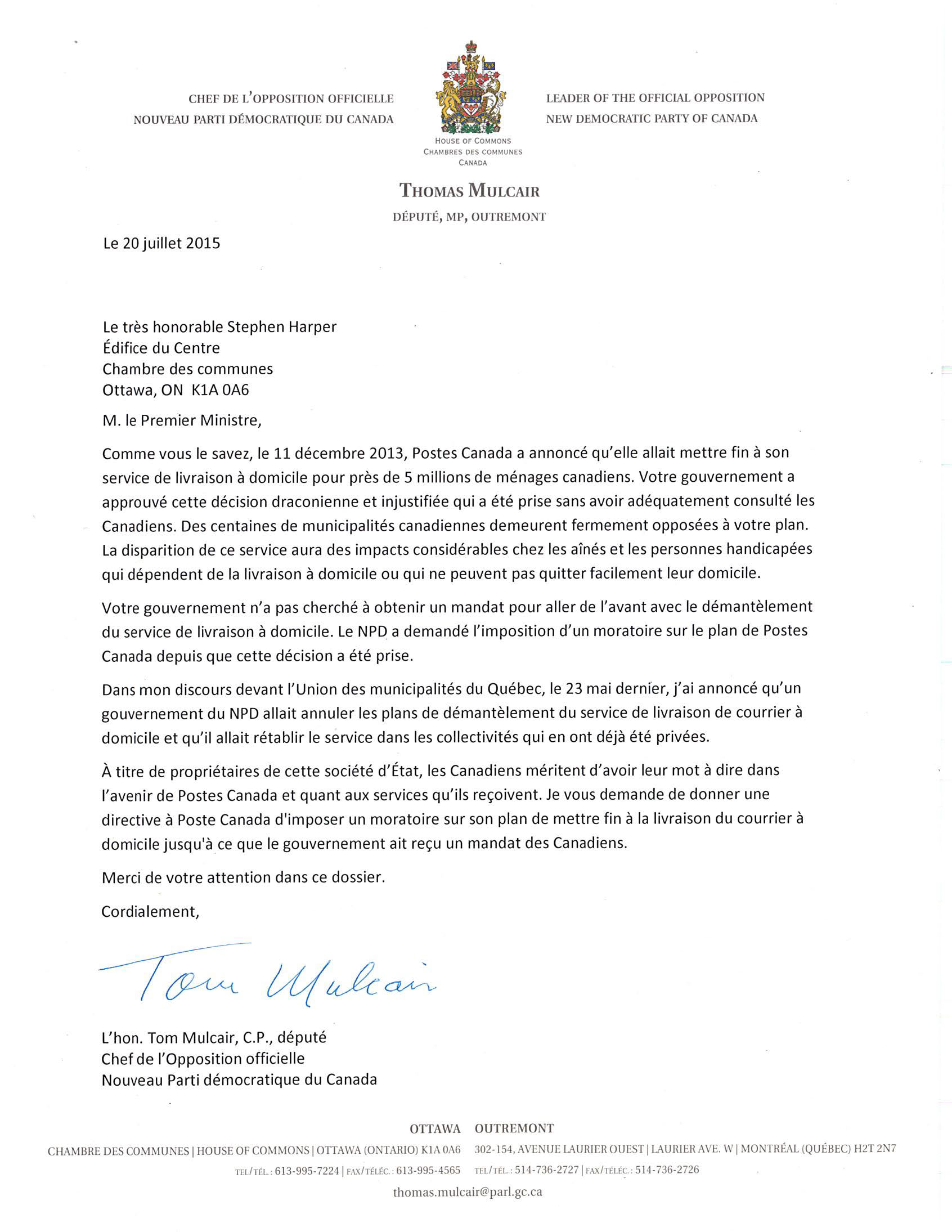 Lettre du Nouveau Parti démocratique au premier ministre