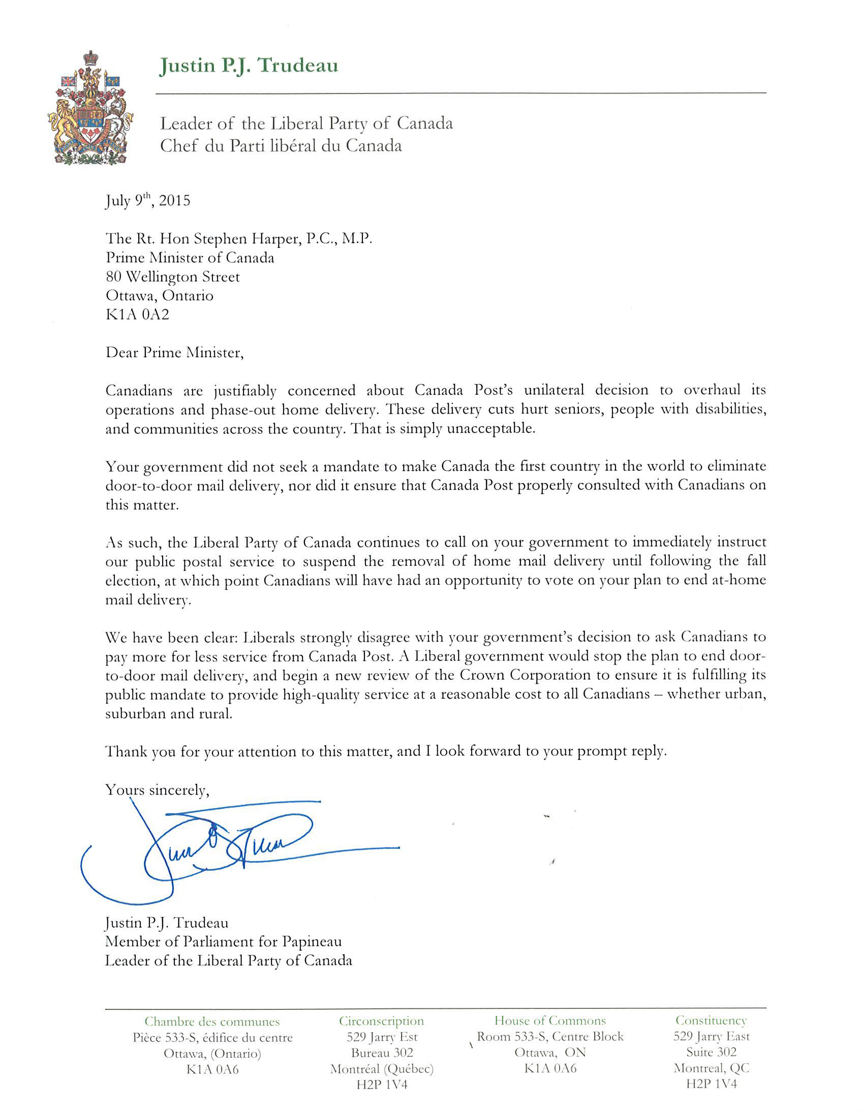 Liberal Party letter to Prime Minister Liberal Party letter to Prime Minister