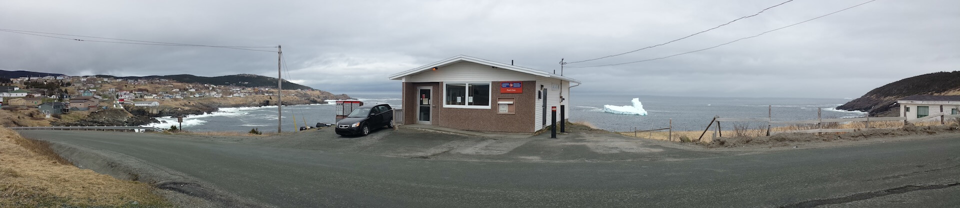 Panoramic image of a post office on the coast of Newfoundland