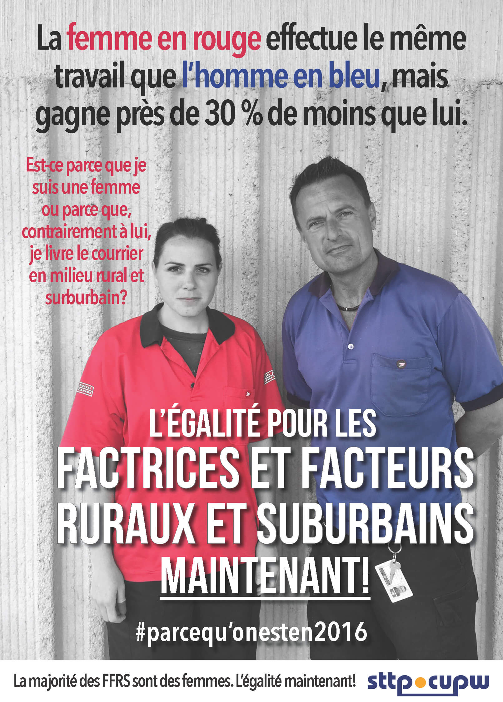 La femme en rouge effectue le même travail que l’homme en bleu, mais gagne près de 30 % de moins que lui.   Est-ce parce que je suis une femme ou parce que, contrairement à lui, je livre le courrier en milieu rural et surburbain?   L’égalité pour les FFRS
