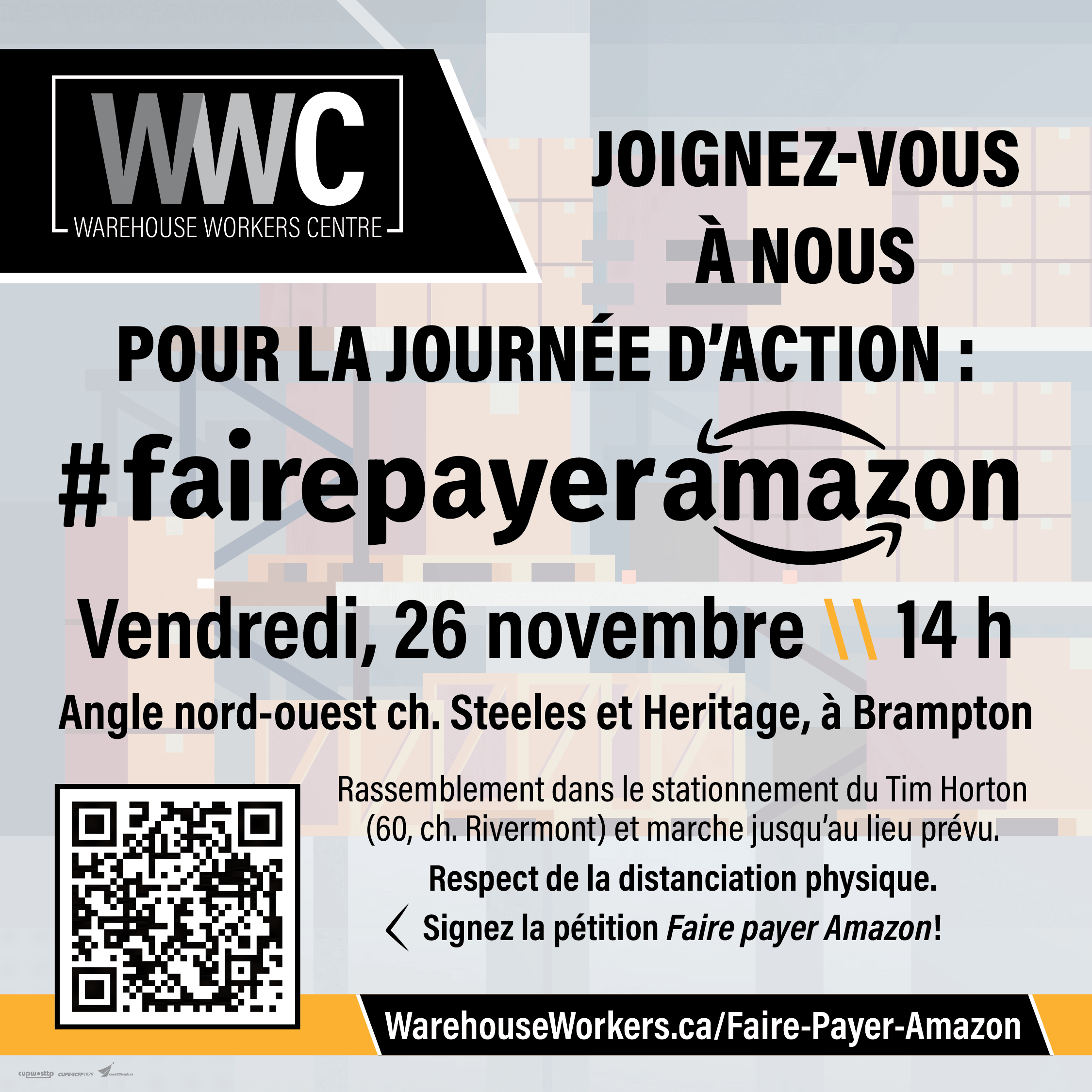 Membres de la région du Grand Toronto : le 26 novembre, à 14 h, participez à la manifestation. Lieu de rassemblement : plaza Tim Horton, 60 ch. Rivermont, à Brampton.