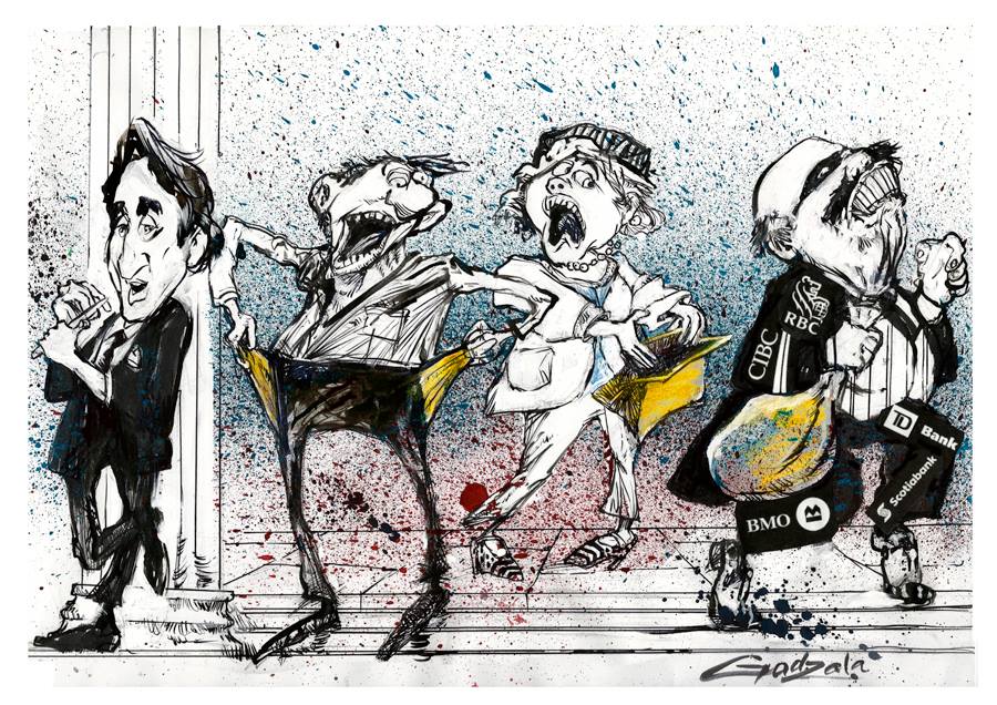 Illustration de Justin Trudeau appuyé contre une colonne d’une banque en train de se limer les ongles. Deux personnes en panique fouillent leurs poches et un sac à main vides. Une personne masquée s’éloigne, transportant des sacs à l’effigie des grandes b Illustration de Justin Trudeau appuyé contre une colonne d’une banque en train de se limer les ongles. Deux personnes en panique fouillent leurs poches et un sac à main vides. Une personne masquée s’éloigne, transportant des sacs à l’effigie des grandes b