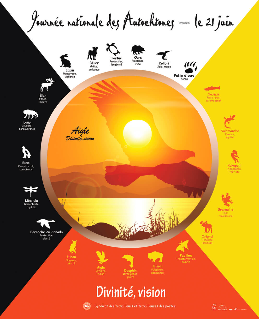 Le thème de l’affiche de cette année, l’aigle, a été choisi par les membres du groupe de travail des Autochtones du Comité national des droits de la personne.