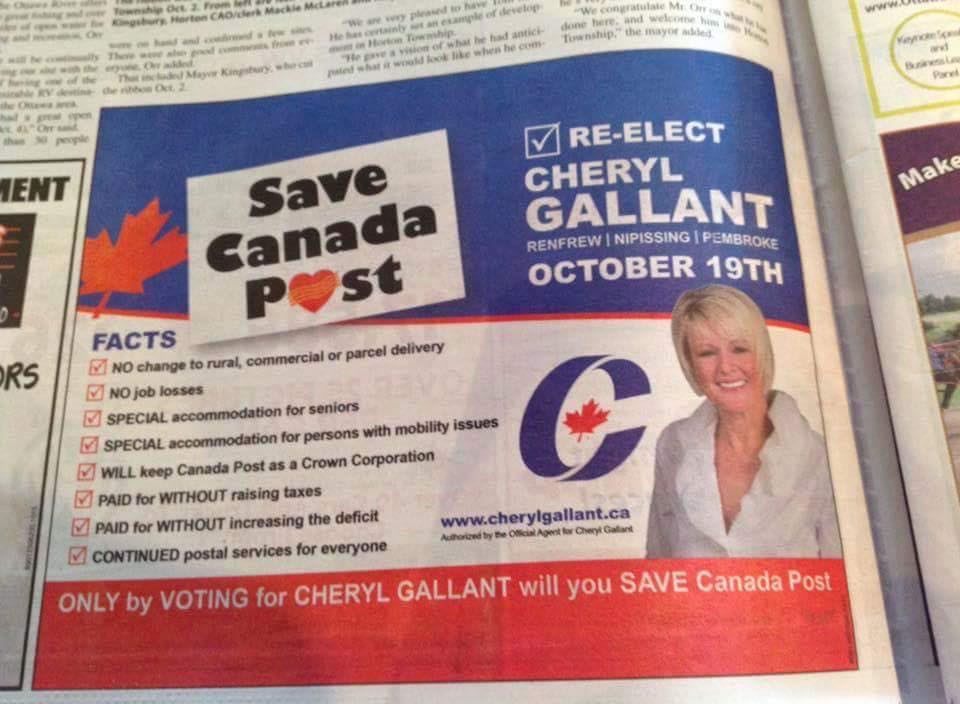 The ad features the CUPW's Save Canada Post artwork and logo which has appeared on lawn and window signs across the country.