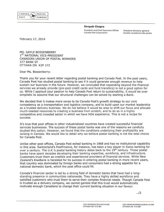 Chopra Fails to Address Secret Banking Study in Response to CUPW