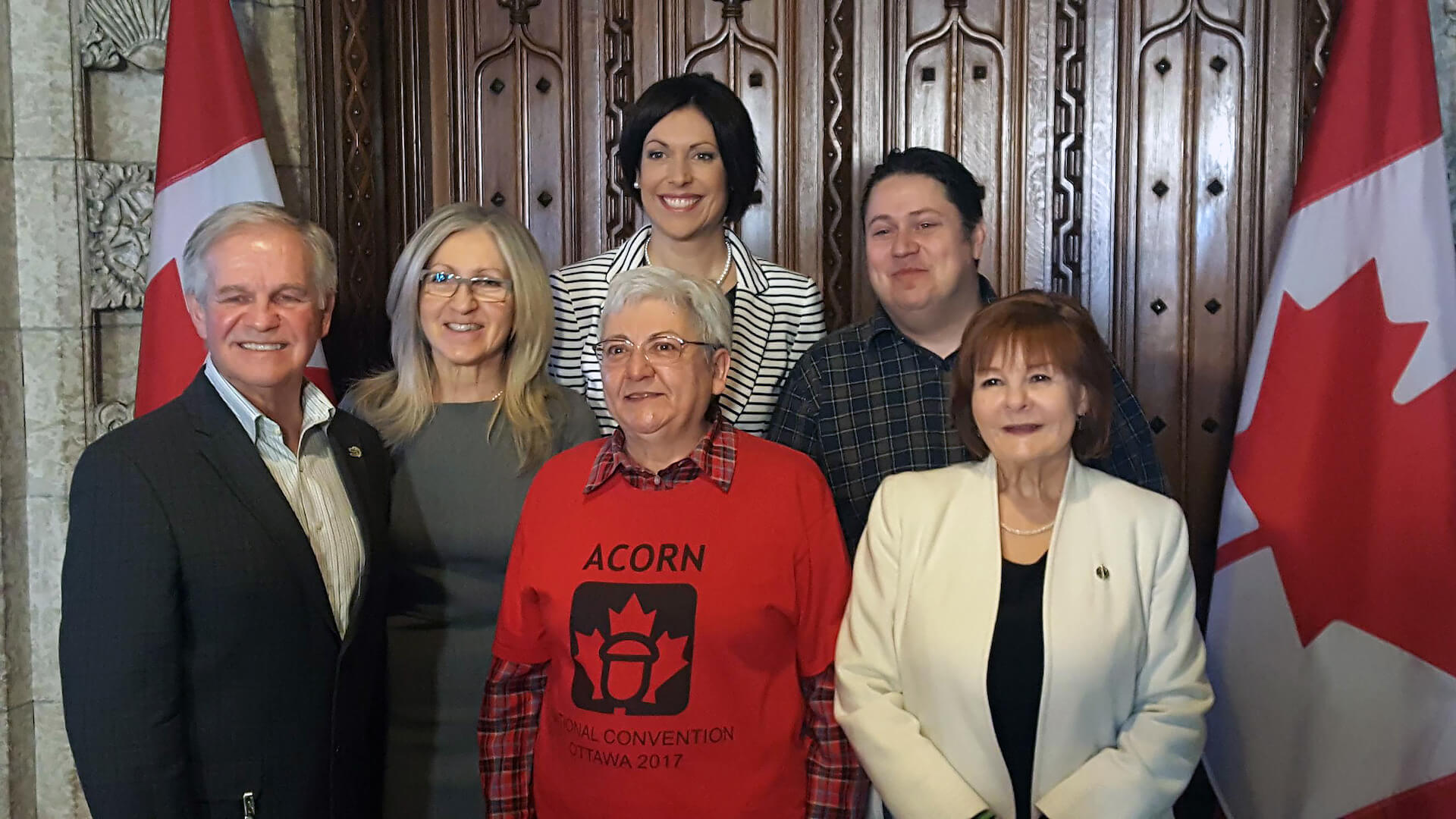 NDP MP Irene Mathyssen (London-Fanshawe) discusses NDP motion on postal banking. Supporters participating in the media conference included Gisele Bouvier (ACORN), Mike Palacek (CUPW), Brenda McAuley (CPAA), André Simard  (Mayor, St. Roch des Aulnaies) and