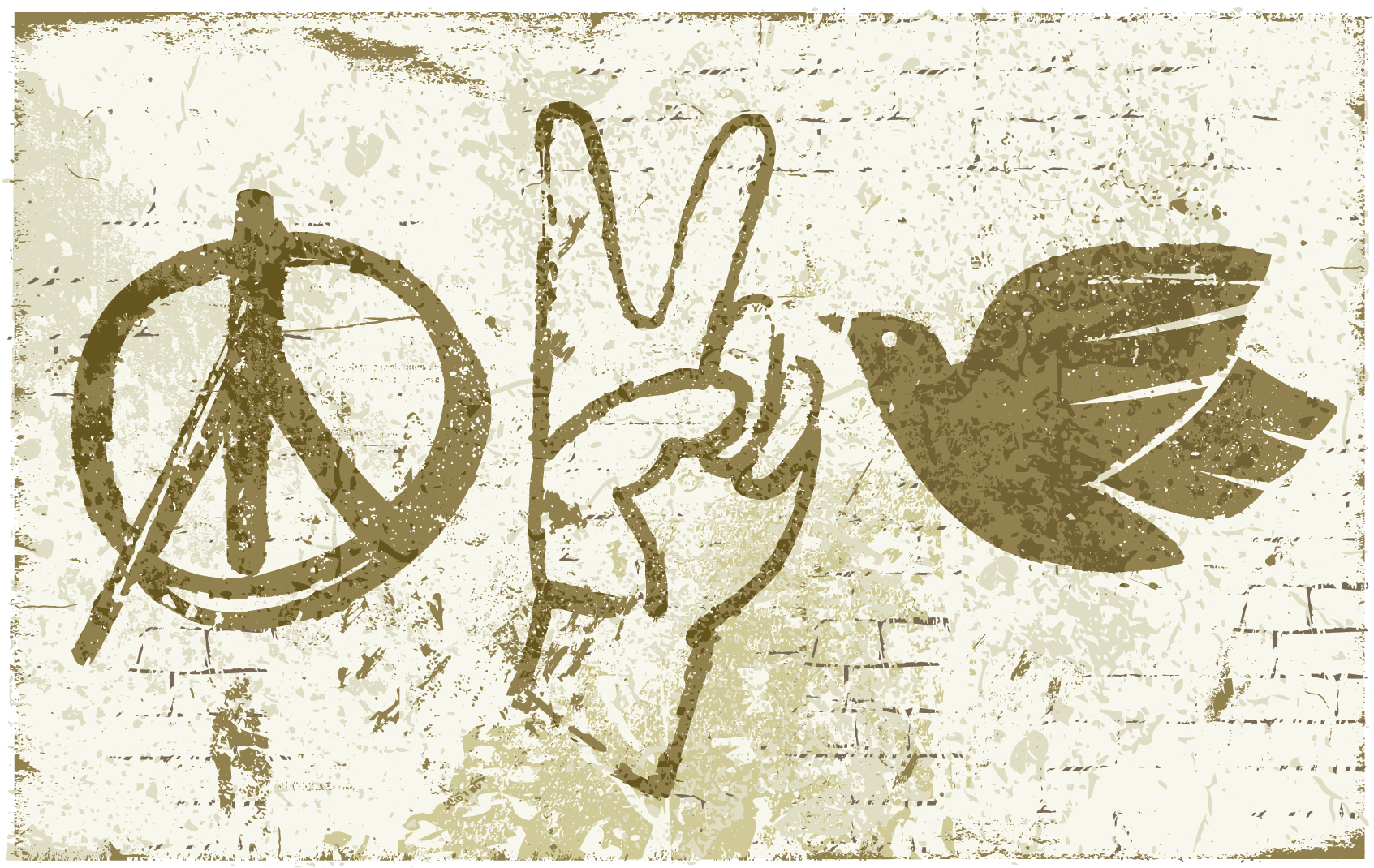 Illustration of a brick wall featuring graffiti of a peace symbol, hand making the peace sign and a dove. Illustration of a brick wall featuring graffiti of a peace symbol, hand making the peace sign and a dove.