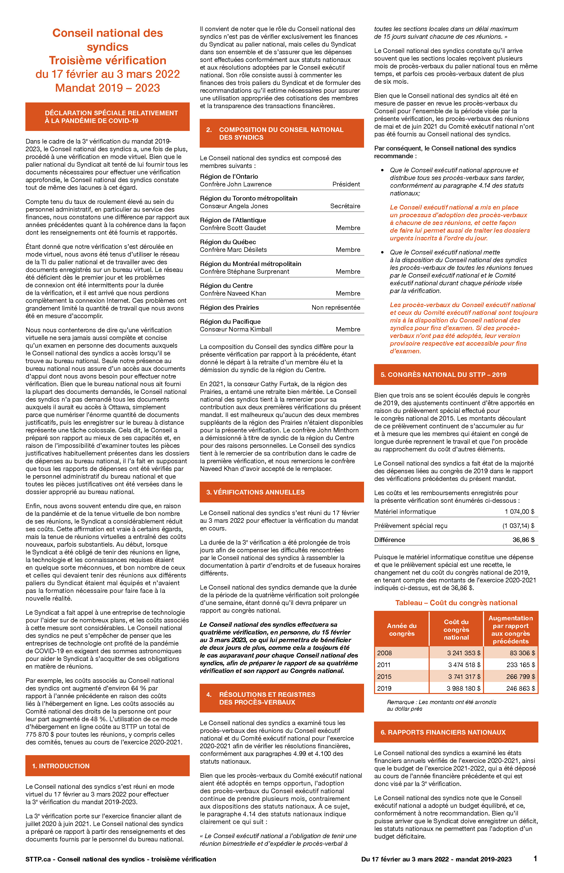 Conseil national des syndics - Troisième vérification du 17 février au 3 mars 2022 (Mandat 2019-2023)