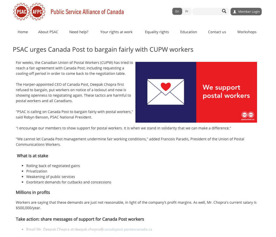PSAC urges Canada Post to bargain fairly with CUPW workers