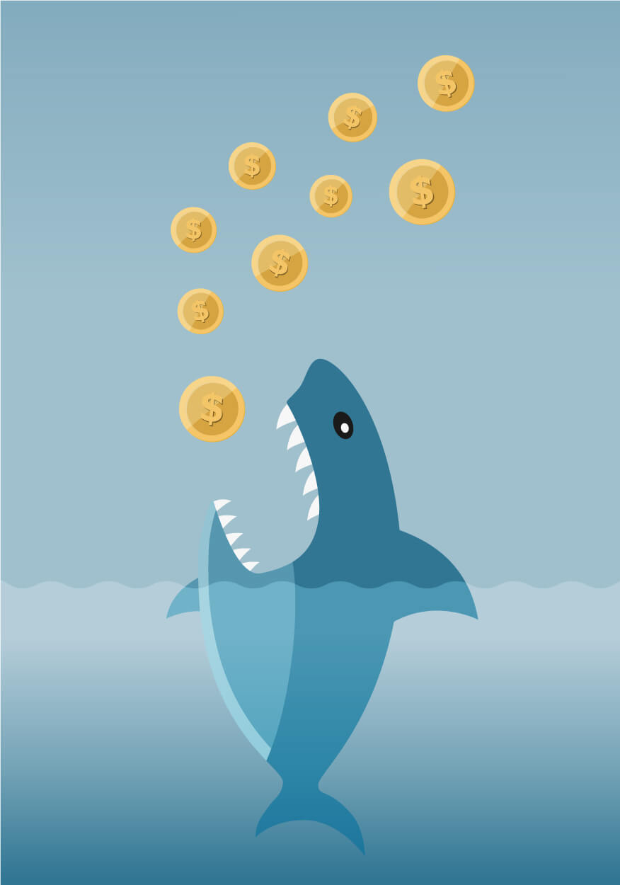 Illustration of a shark that is about to devour coins with dollar symbols on them.