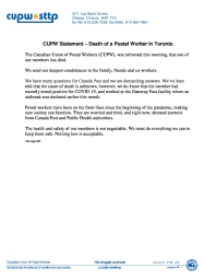 CUPW Statement – Death of a Postal Worker in Toronto