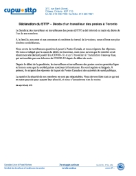 Déclaration du STTP – Décès d’un travailleur des postes à Toronto