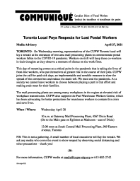 Toronto Local Pays Respects for Lost Postal Workers