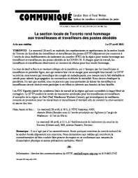 La section locale de Toronto rend hommage aux travailleuses et travailleurs des postes décédés