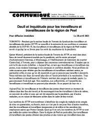 Deuil et inquiétude pour les travailleurs et travailleuses de la région de Peel