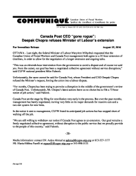 Canada Post CEO “Gone Rogue”:  Deepak Chopra Refuses Minister Of Labour’s Extension