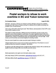 Postal Workers To Refuse To Work Overtime In BC And Yukon Tomorrow