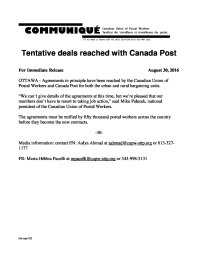 Tentative Deals Reached With Canada Post