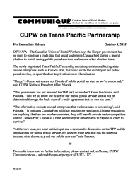 CUPW on Trans Pacific Partnership