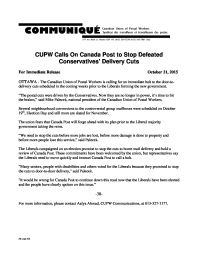 CUPW Calls On Canada Post to Stop Defeated Conservatives’ Delivery Cuts 