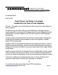 Postal Workers Ask Minister to Investigate  Canada Post in the Wake of Fraud Allegations