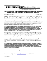 Les travailleurs et travailleuses des postes proposent une période de réflexion d’un mois et la tenue de « négociations...