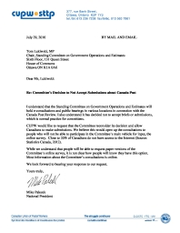 Committee’s Decision to Not Accept Submissions about Canada Post