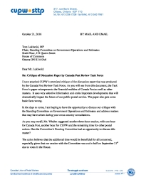 Letter to Committee Chair Tom Lukiwski regarding CUPW's Critique of the Canada Post Review Task Force Discussion Paper
