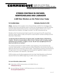 Strikes Continue in Ontario, Newfoundland and Labrador