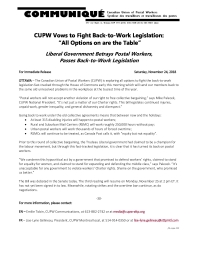 CUPW Vows to Fight Back-to-Work Legislation:  “All Options on are the Table”
