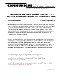 Déclaration de Mike Palecek, président national du STTP – Prochaines étapes suite à l’adoption de la loi de retour au travail