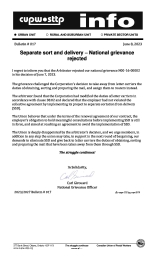 Separate sort and delivery – National grievance rejected