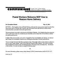 Postal Workers Welcome NDP Vow to  Restore Home Delivery