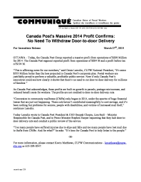 Canada Post's Massive 2014 Profit Confirms:  No Need To Withdraw Door-to-door Delivery