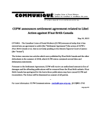 CUPW announces settlement agreement related to Libel Action against B’nai Brith Canada