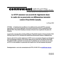 Le STTP annonce un accord de règlement dans  le cadre de sa poursuite en diffamation intentée  contre B’nai Brith Canada.